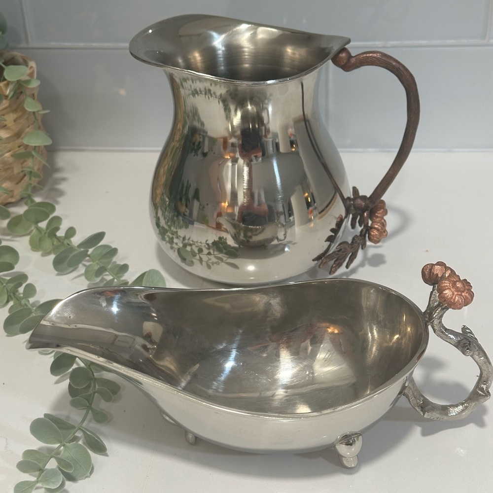 Vintage Silverplated Water Pitcher And Sauce Bouts With Acorn And Leafs Design